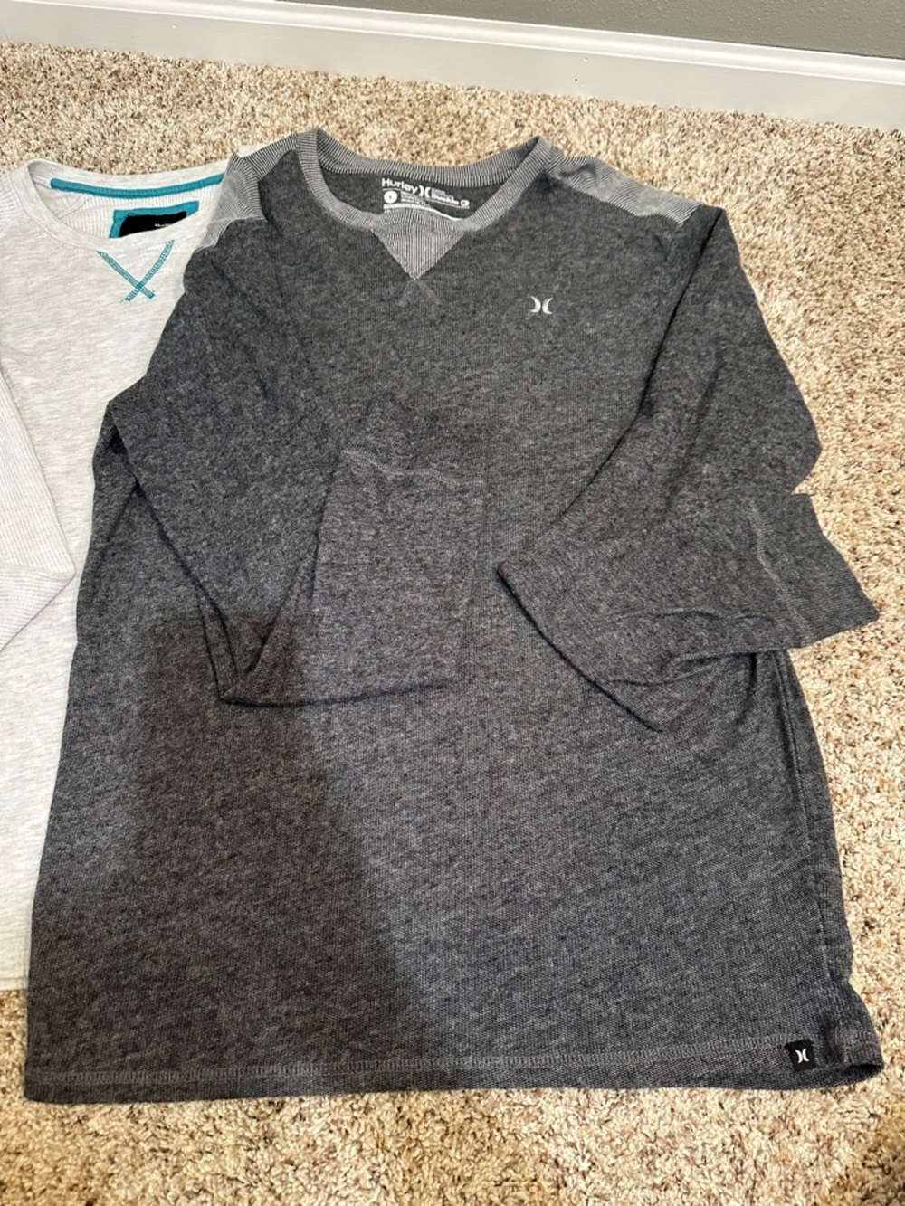 Hurley Charcoal Gray V-Neck Pullover and Light gray with teal stitch (lot of 2)